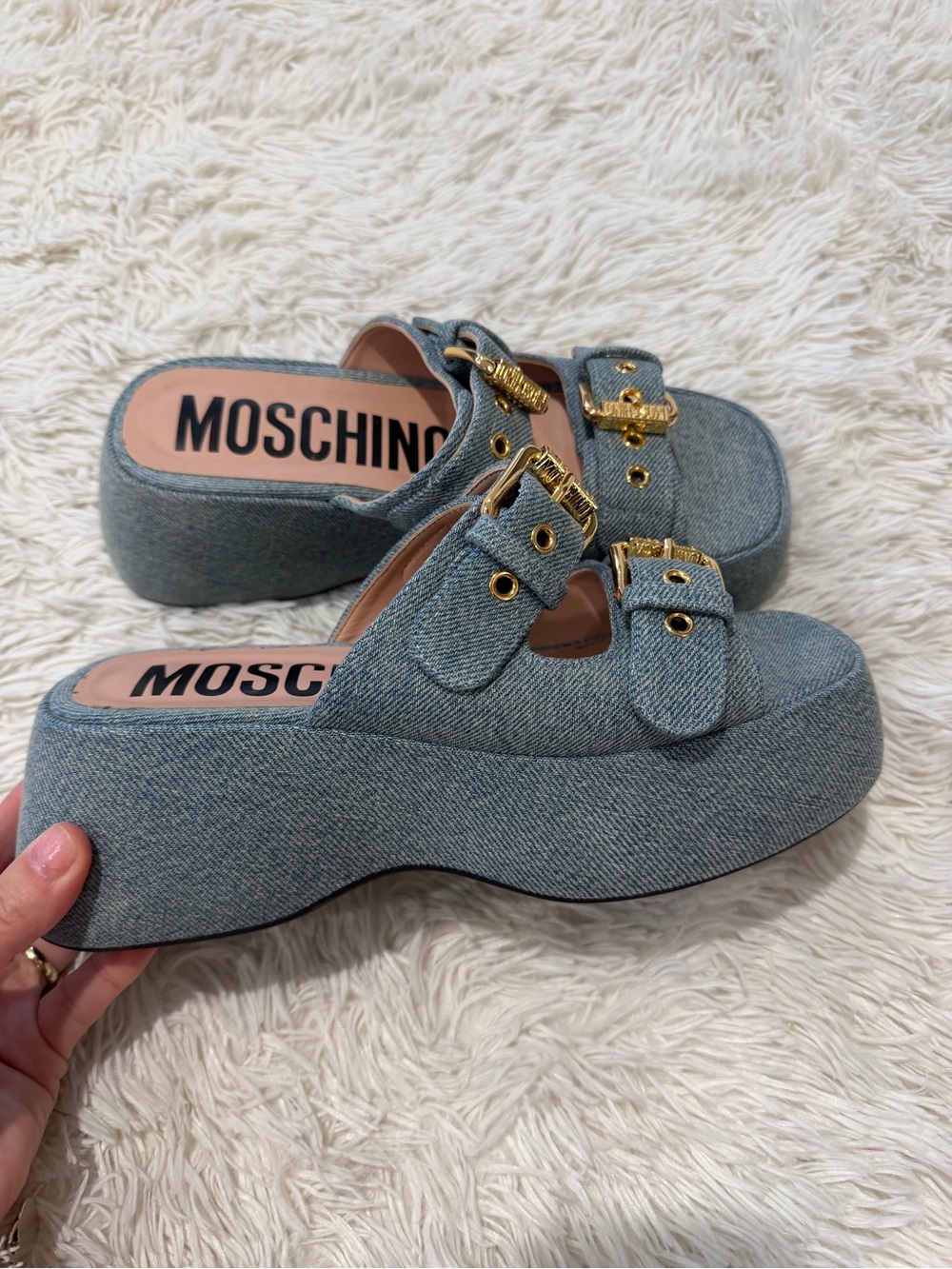 Moschino Denim Platform Slide Sandals - size 38 US 7.5 - blue